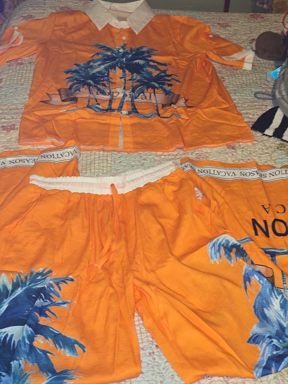 NWT Endless Moon Kingston 2-Piece Resort Set-Orange Tropical Pants & Shirt  L